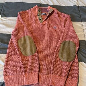 Chaps Men’s Red Knit Zip-Style Sweater with Brown Suede Elbow Patches